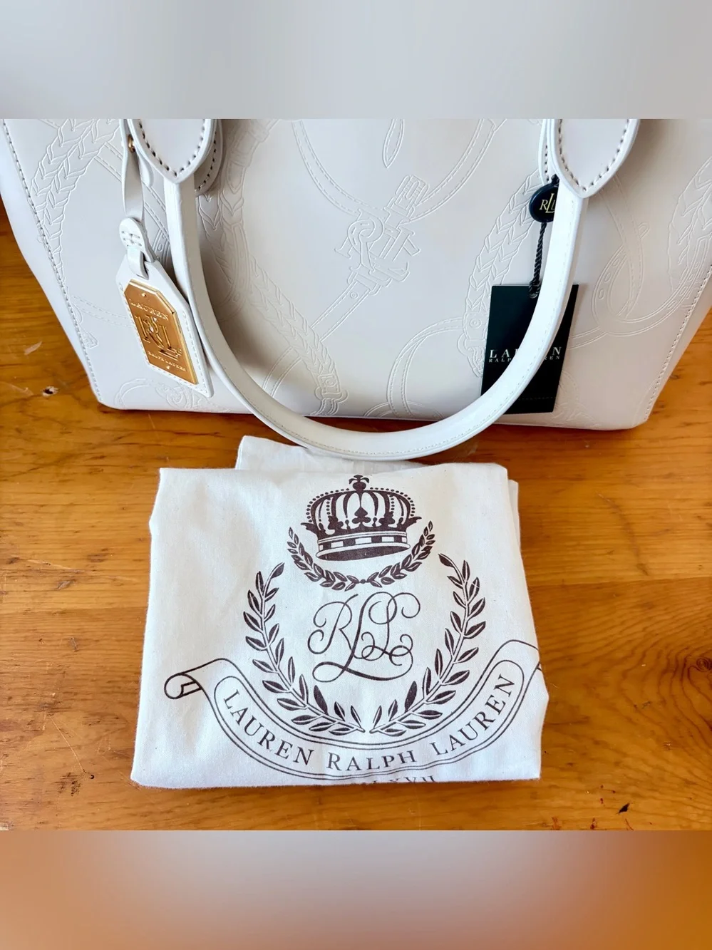 Lauren Ralph Lauren Taylor Belting Double Zip Ivory Embossed Leather Satchel NWT